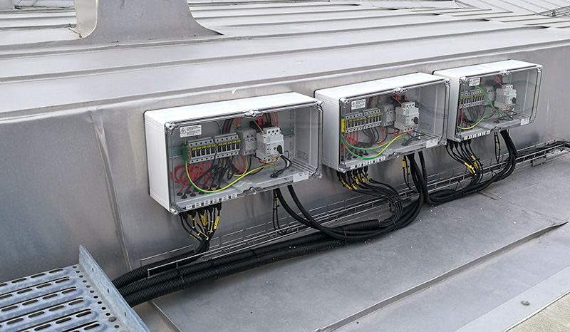 PV combiner boxes with 60A fireman's switch, surge protection and fuses